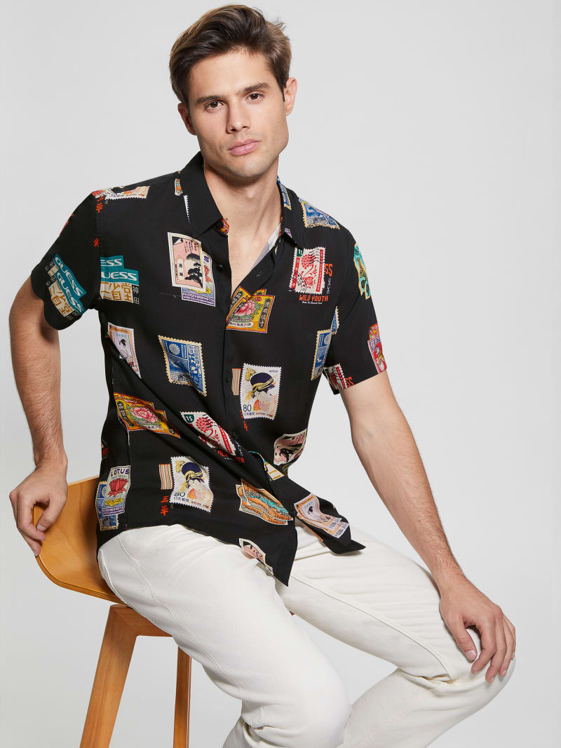 Guess Eco Post Card Shirt - Post Card Collage Jet Bla