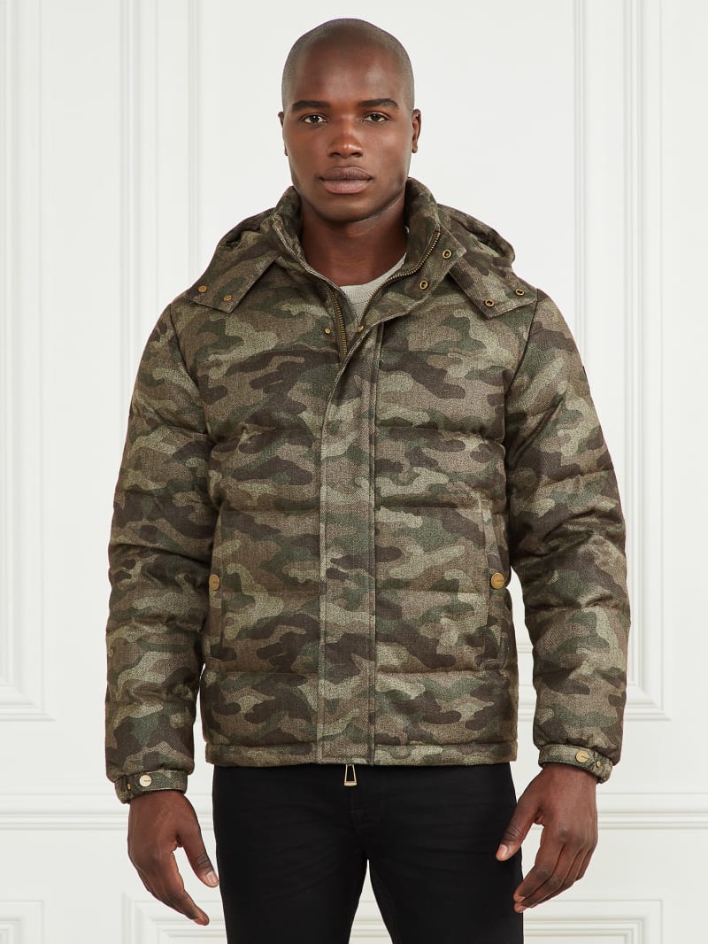 Guess Hooded Puffer Jacket - Camou Herringbone Melange