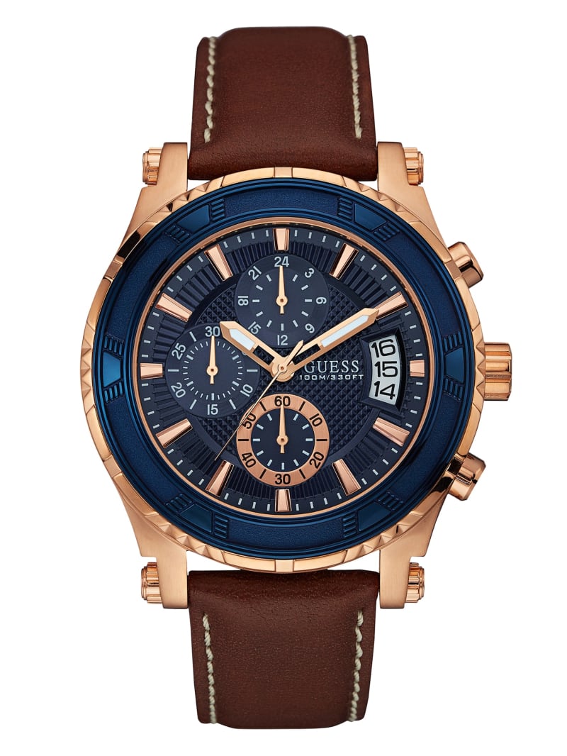 Guess Brown and Rose Gold-Tone Leather Sport Watch - Brown Multi