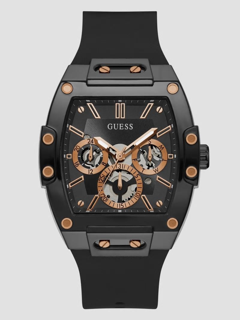 Guess Rose Gold-Tone and Black Silicone Multifunction Watch - Black