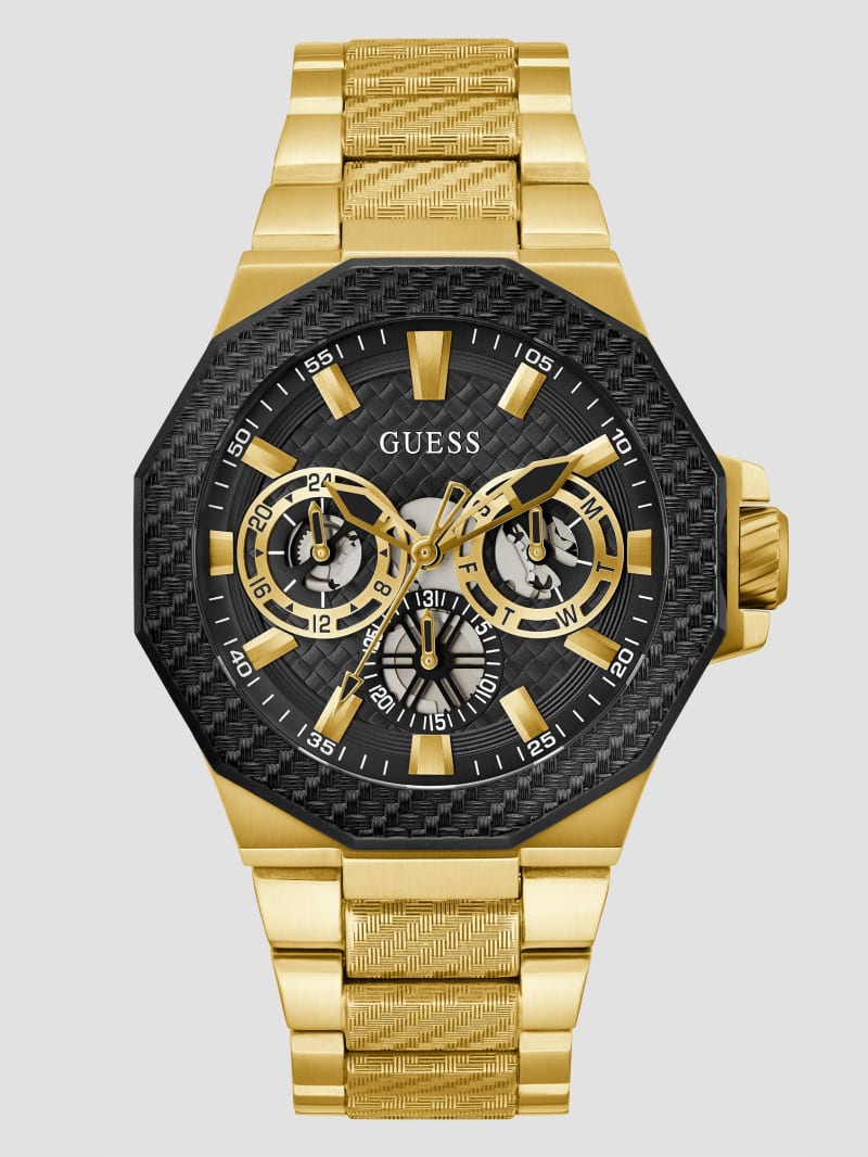Guess Gold-Tone and Black Textured Multifunction Watch - Gold