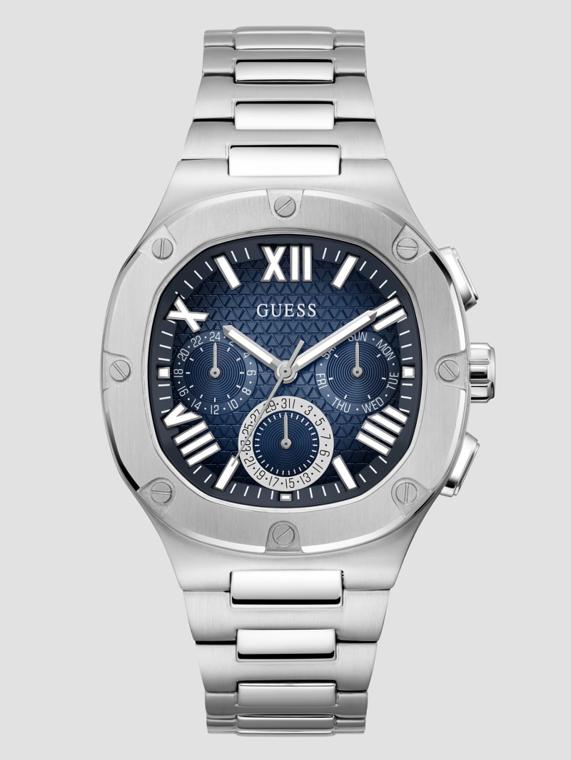 Guess Silver-Tone and Blue Multifunction Watch - Silver