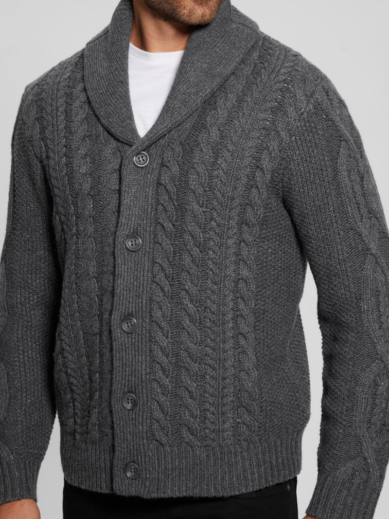 Guess Shane Celtic Cable-Knit Cardigan - Dark Coal Heather
