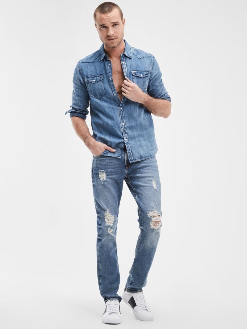 Guess Distressed Tapered Jeans - Light Tide Wash