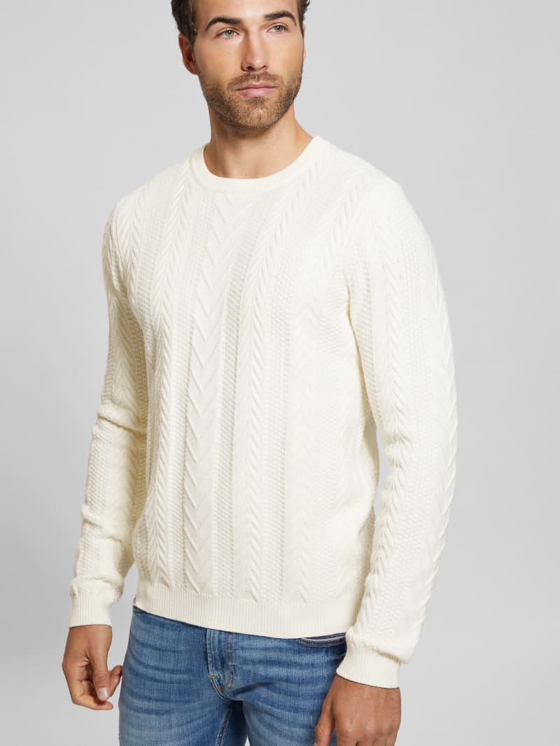 Guess Eco Ethan Cable Knit Sweater - Dove White