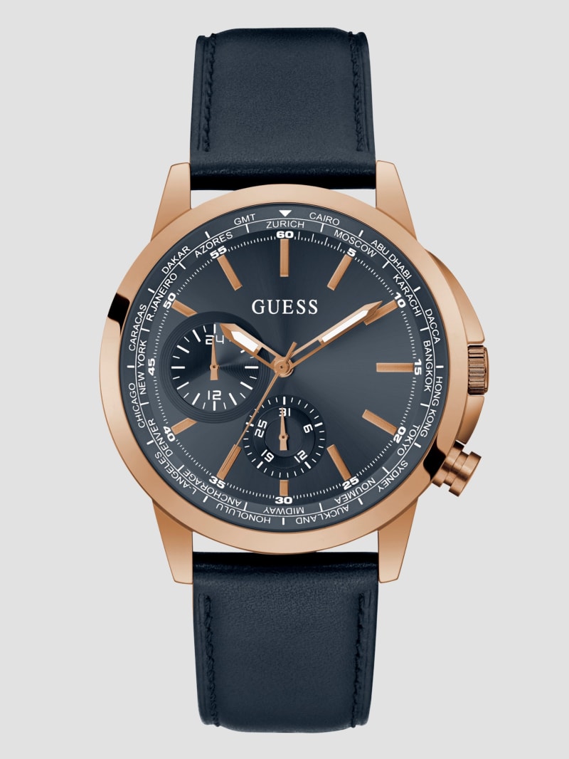 Guess Rose Gold-Tone and Navy Leather Multifunction Watch - Rainbow