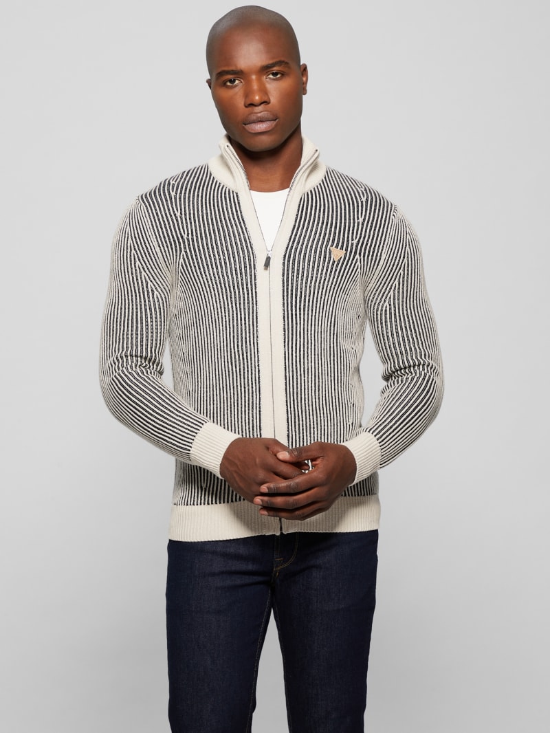 Guess Eco Alden Ribbed Cardigan Vanise Sweater - Muted Stone And Black Com