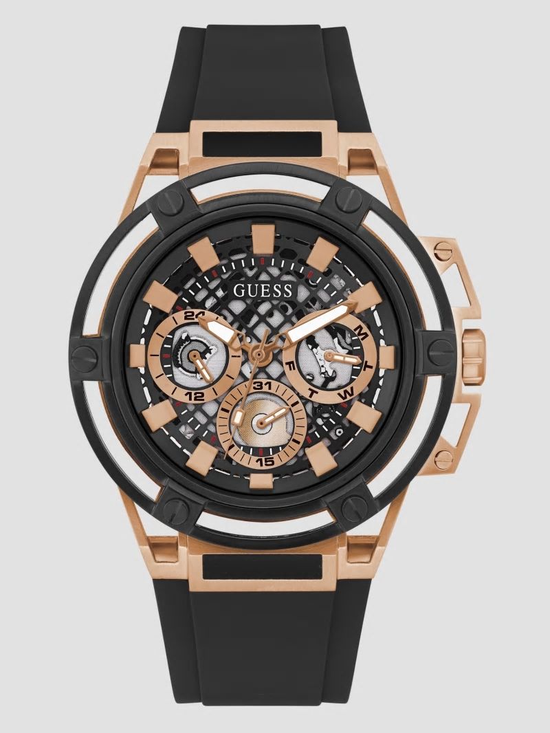 Guess Rose Gold-Tone and Black Silicone Multifunction Watch - Black Snakeskin