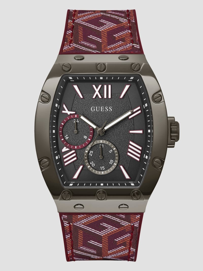 Guess G-Cube Red Leather Multifunction Watch - Burgundy