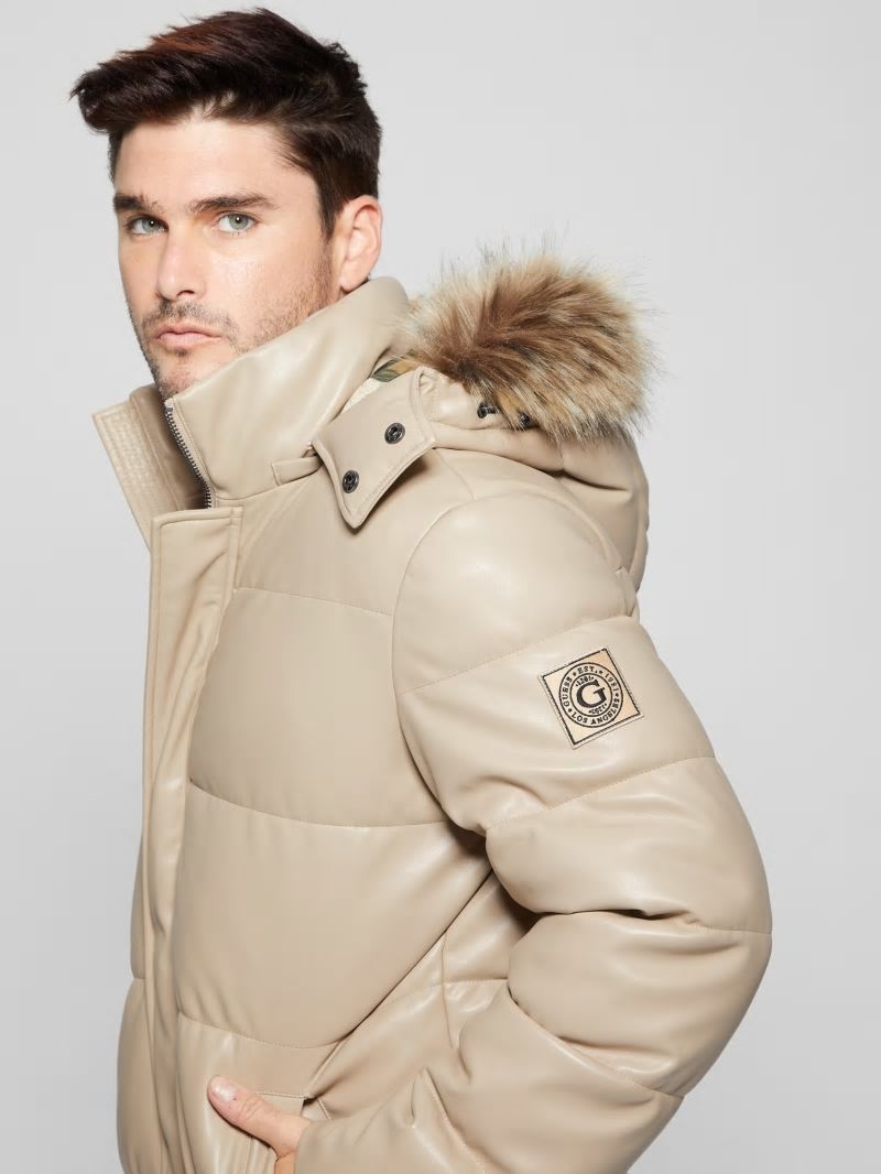 Guess Faux-Leather Hooded Puffer Jacket - Pasadena Stone