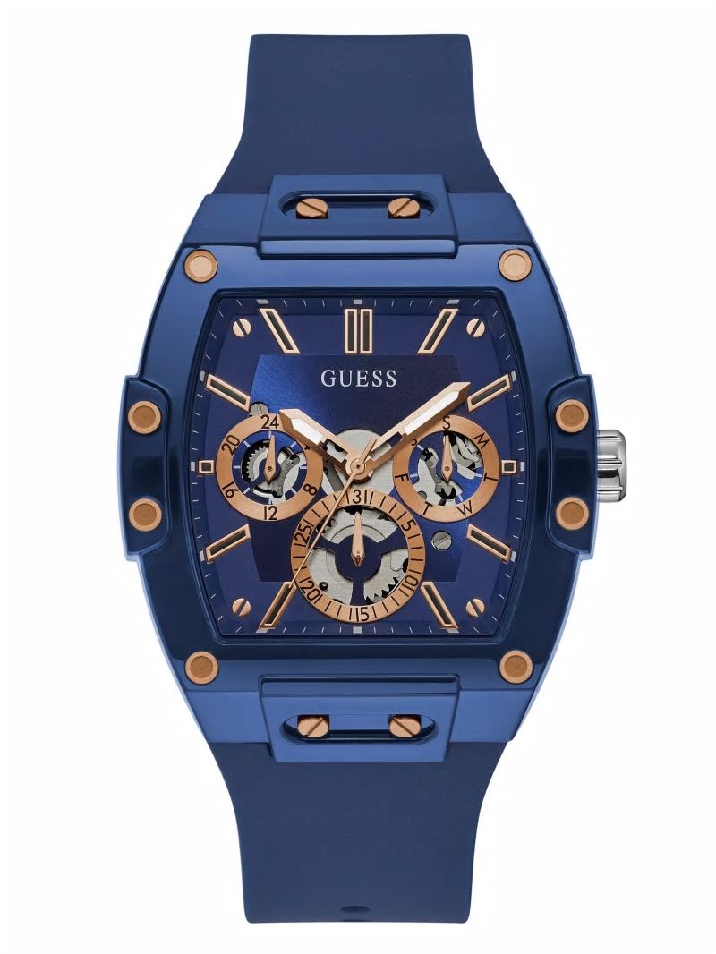 Guess Rose Gold-Tone and Blue Silicone Multifunction Watch - Blue