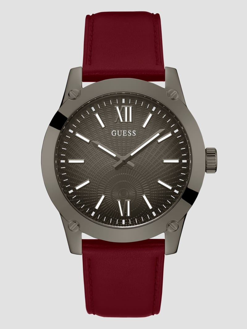 Guess Gunmetal and Burgundy Leather Analog Watch - Burgundy