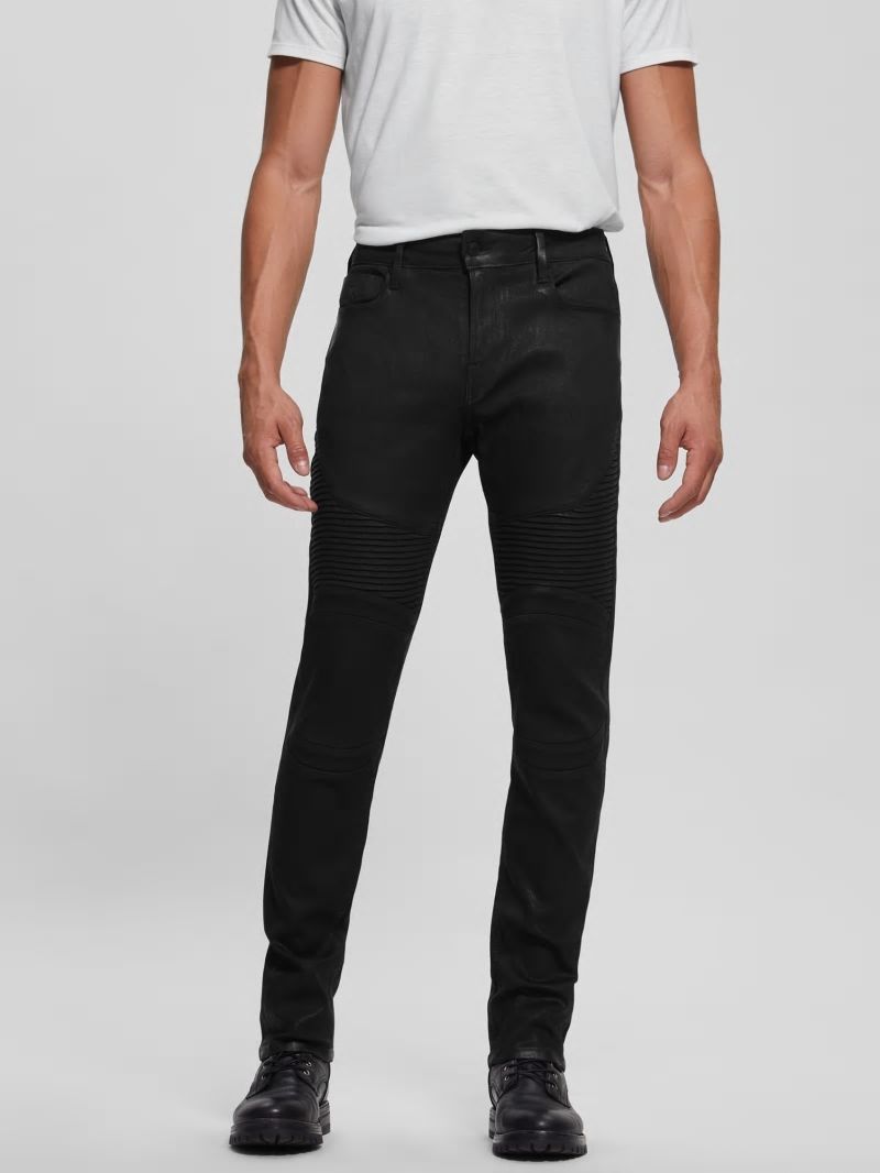 Guess Coated Slim Tapered Pintuck Moto Jeans - Black