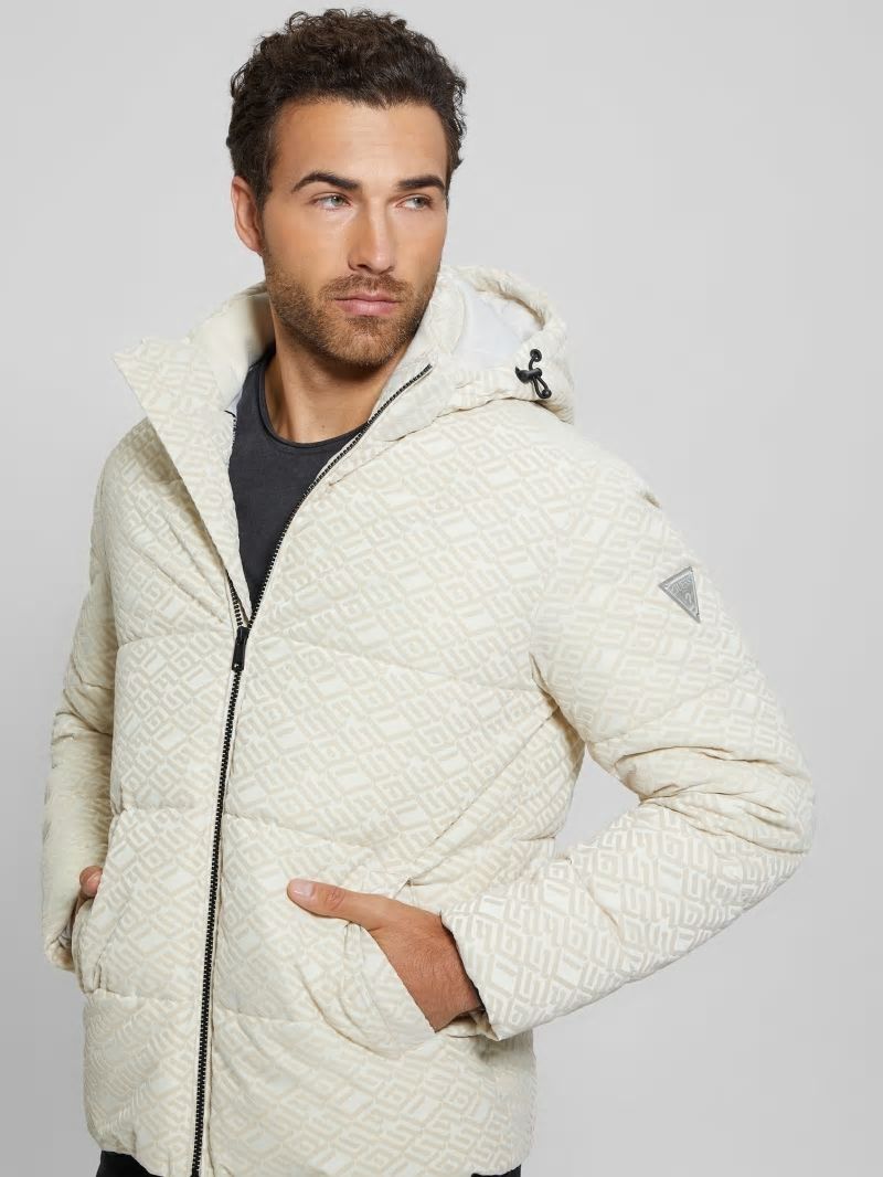 Guess Logo Hooded Puffer Jacket - Muted Stone Flock Guess