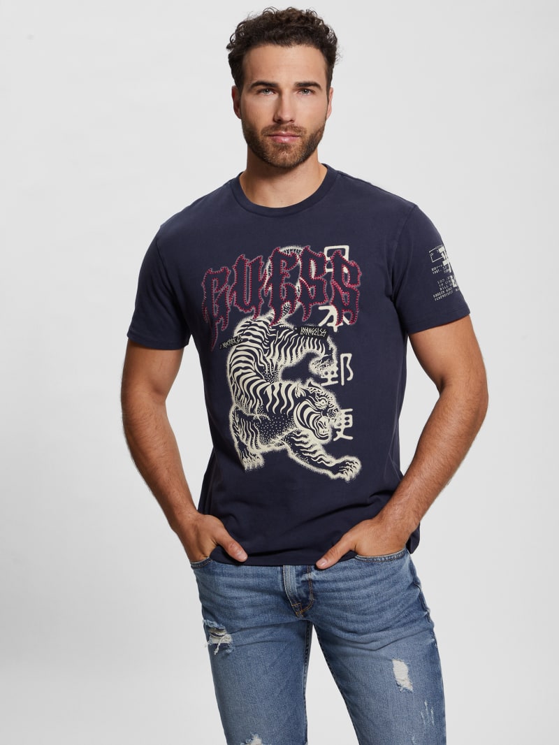 Guess Embellished Peace Tiger Tee - Smart Blue Multi