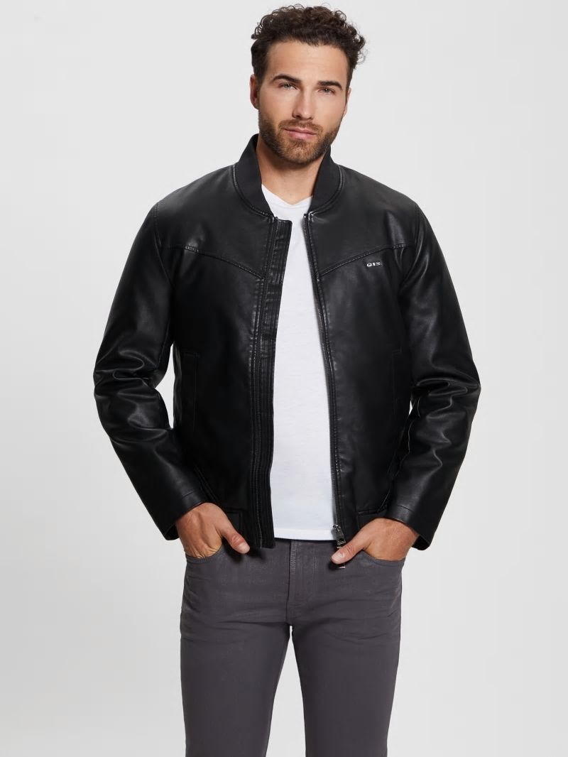 Guess Faux-Leather Aviator Jacket - Black