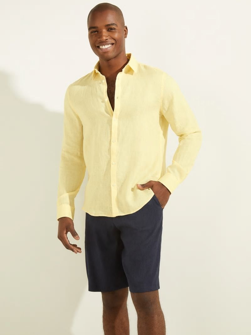 Guess Linen Italian Notched Cuff Shirt - Creamy Yellow