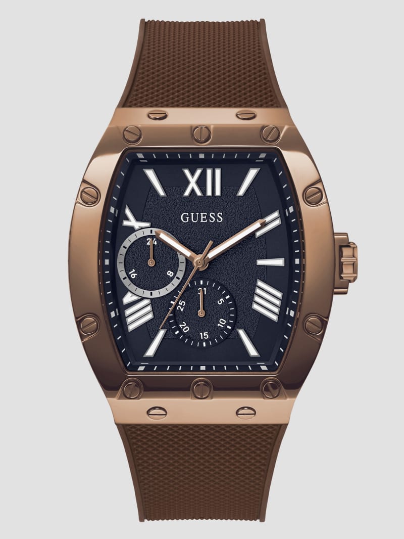 Guess Textured Brown Silicone Multifunction Watch - Brown Leather