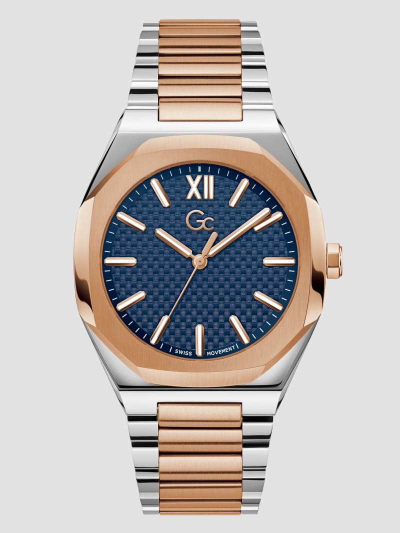 Guess Gc Two-Tone Metal and Blue Analog Watch - Rose Gold