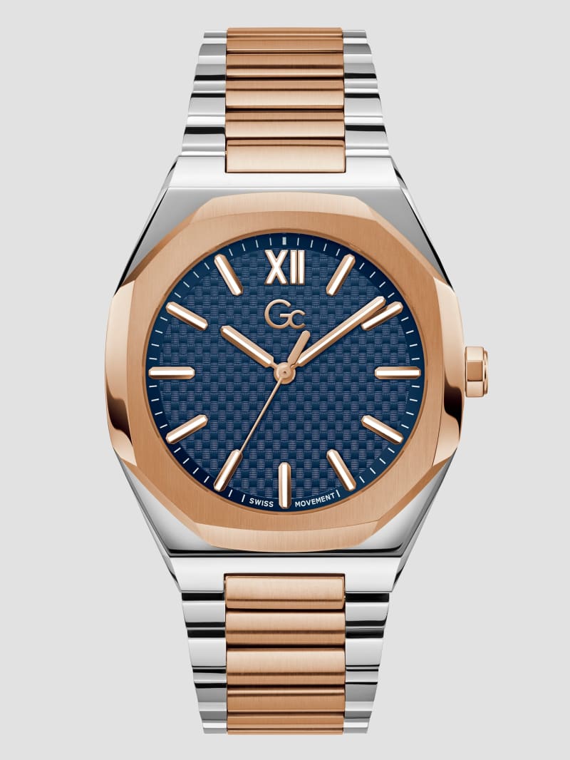 Guess Gc Two-Tone Metal and Blue Analog Watch - Rose Gold Guess Gc Two-Tone Metal and Blue Analog Watch - Rose Gold