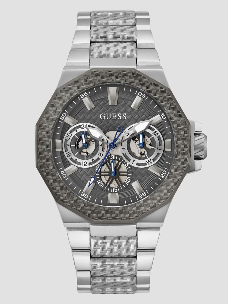 Guess Silver-Tone and Gray Textured Multifunction Watch - Silver