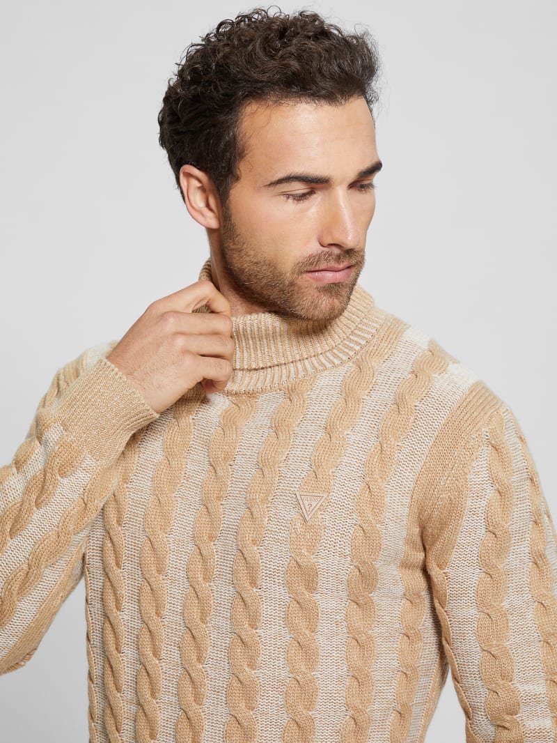Guess Arkell Turtleneck Cable Sweater - Stone And Sand Combo