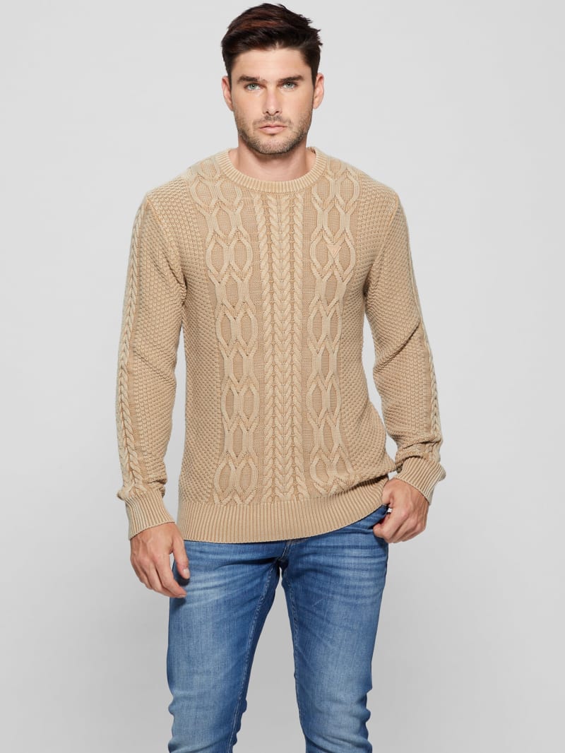 Guess Andy Cable Acid Wash Sweater - Travertine Sand