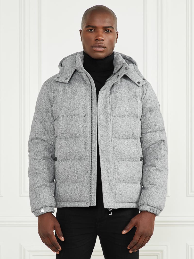 Guess Hooded Puffer Jacket - Grey Herringbone Melange