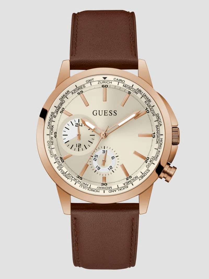 Guess Brown Leather Multifunction Watch - Brown Leather