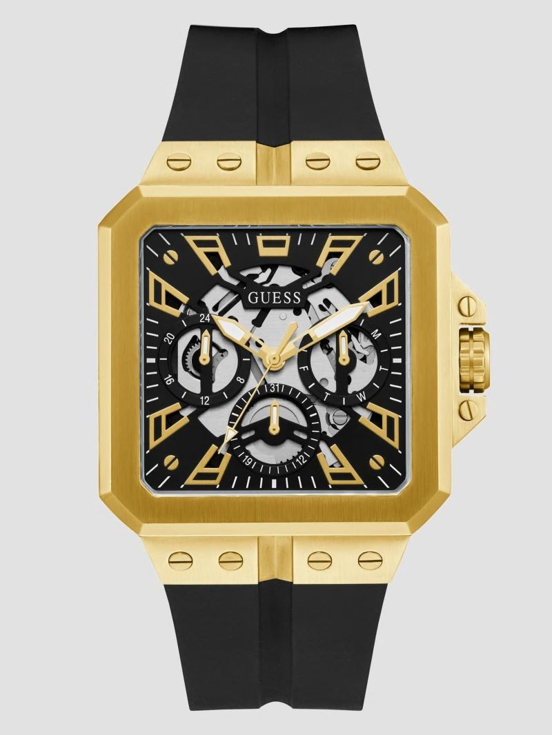 Guess Gold-Tone and Black Silicone Multifunction - Black Snakeskin