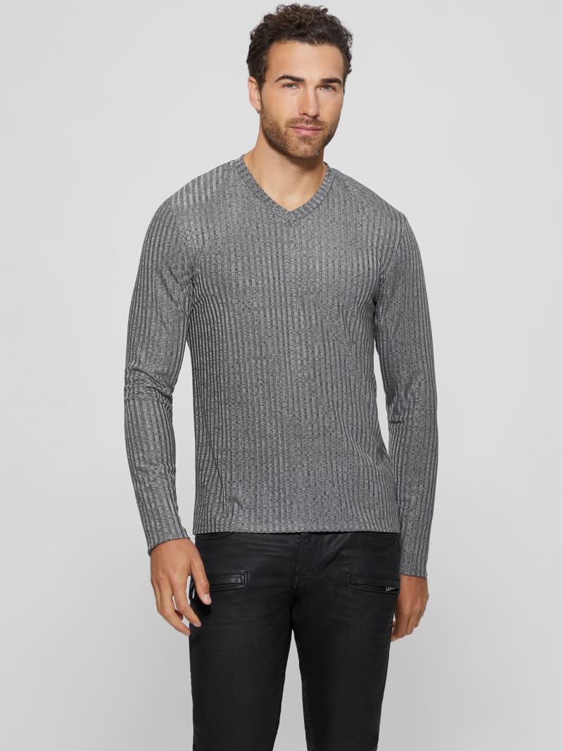 Guess Warehouse V-Neck Knit Tee - Stone Grey Multi
