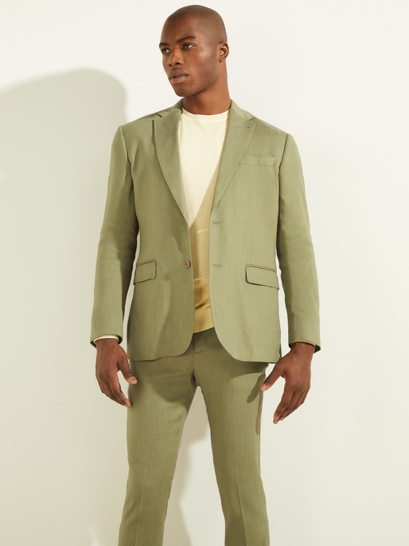 Guess Linen-Blend Single Breasted Blazer - Mossy Green