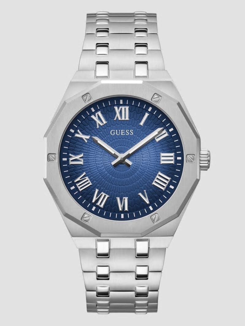 Guess Silver-Tone and Blue Octagonal Analog Watch - Silver