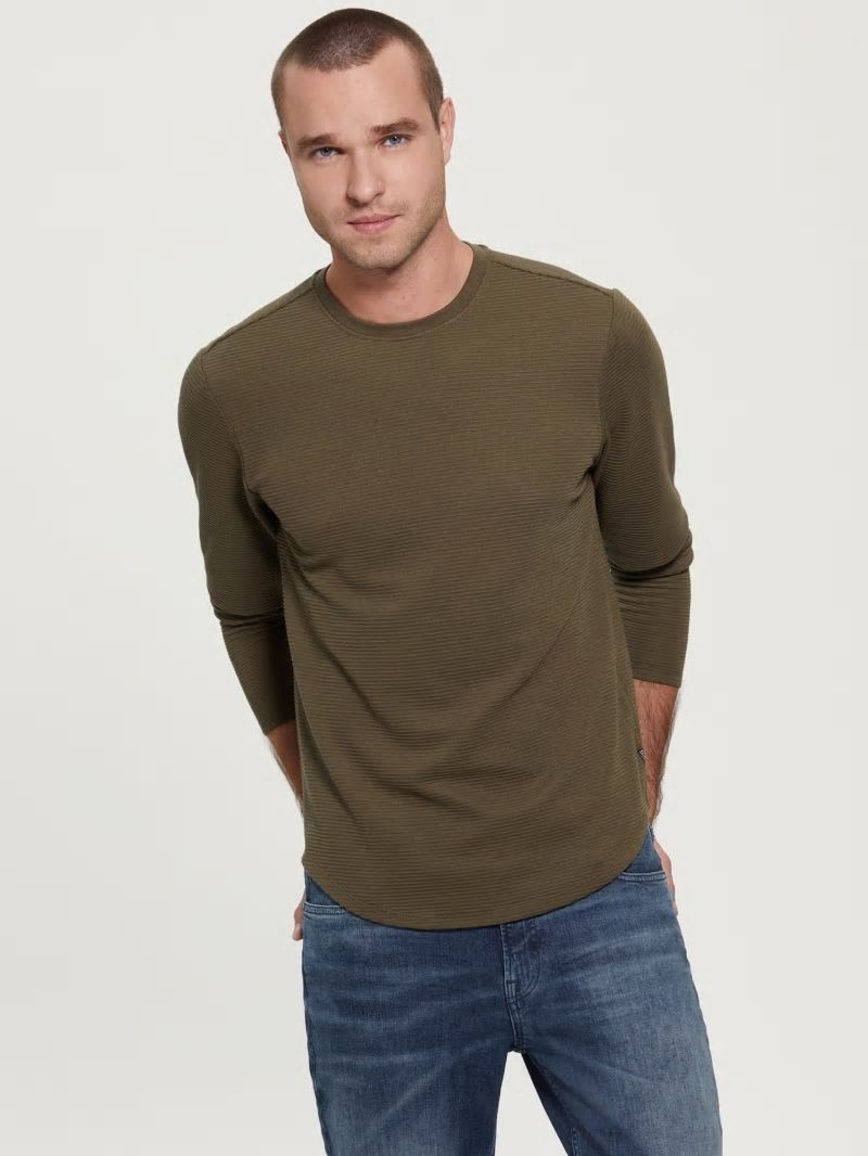 Guess Textured Jersey Long-Sleeve Tee - Army Olive