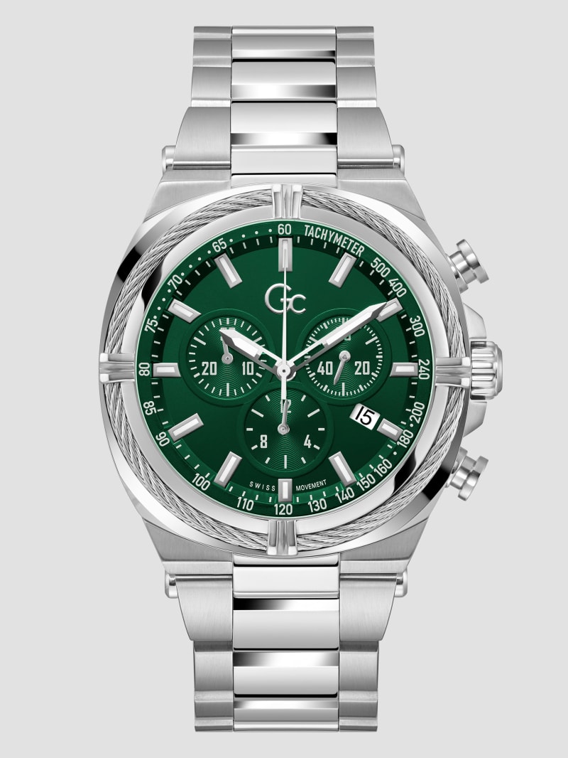 Guess Gc Silver-Tone and Green Chronograph Watch - Silver