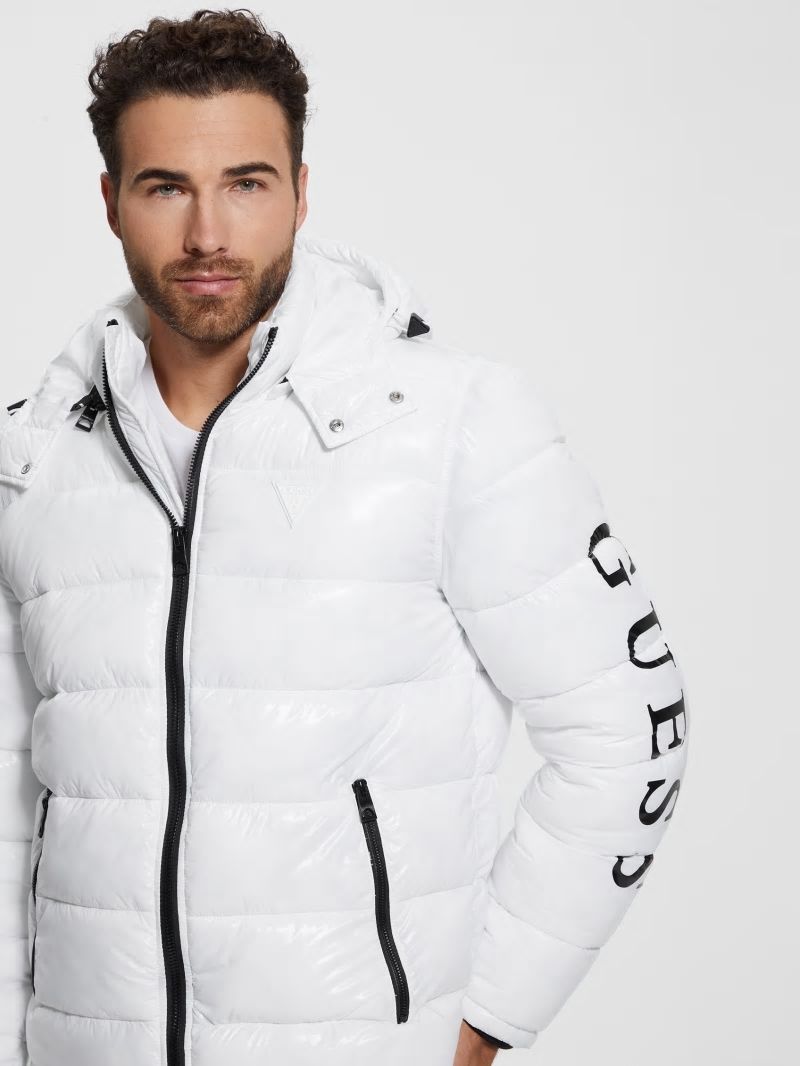 Guess Shiny Hooded Puffer Jacket - Pure White