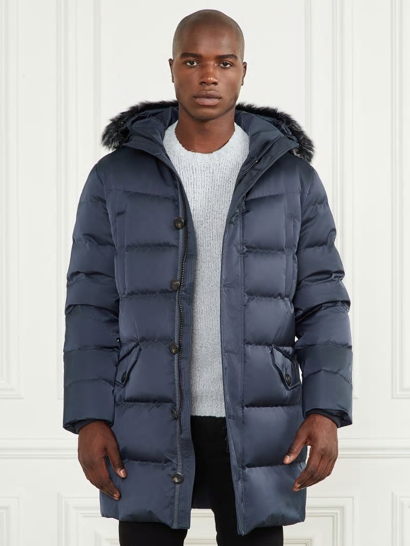 Guess Long Twill Hooded Jacket - Bleu éLéGant