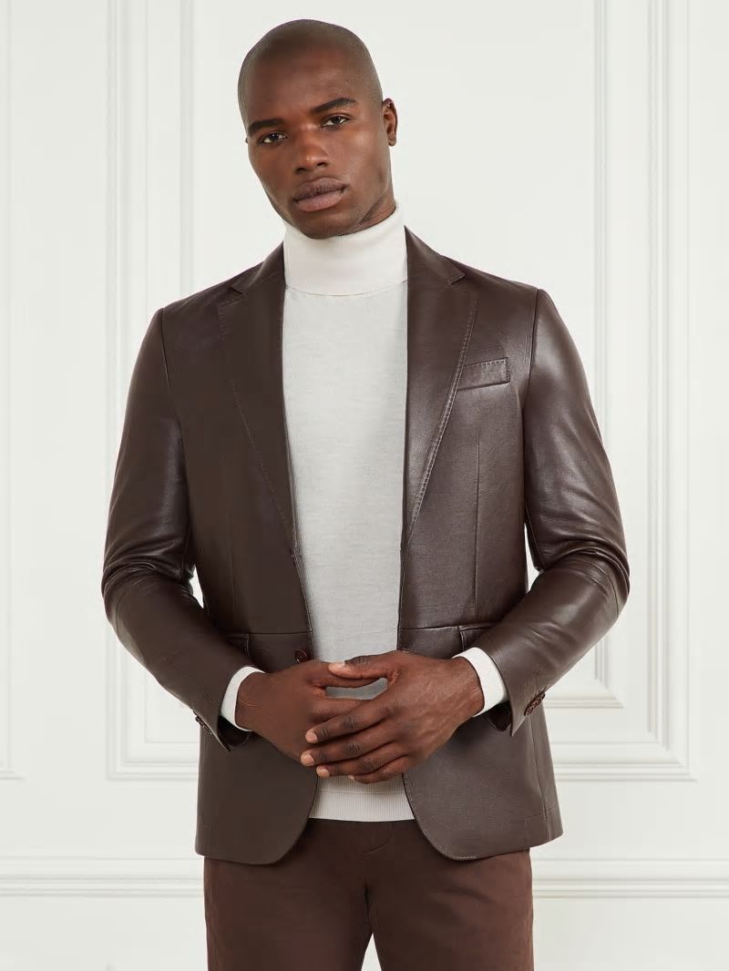 Guess Steve Notched Leather Blazer - Chocolate Brownie