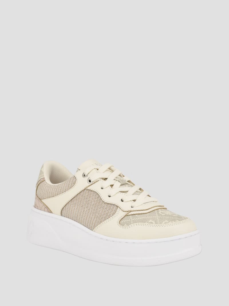 Guess Cleva Logo Embossed Low-Top Sneakers - Light Natural