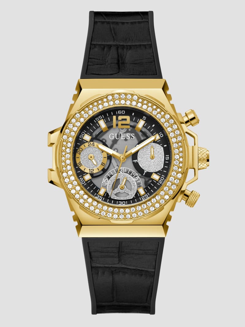 Guess Gold-Tone and Black Crocodile Leather Multifunction Watch - Black Snakeskin