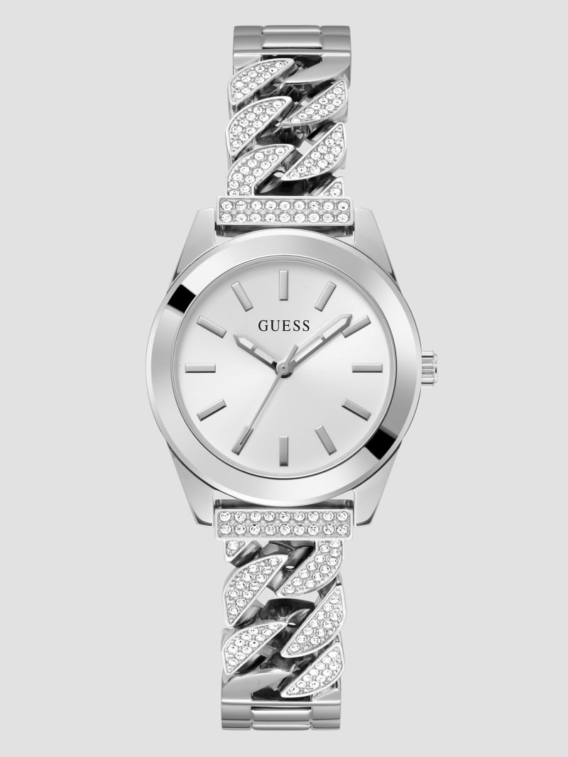 Guess Silver-Tone Crystal Curb Chain Analog Watch - Silver