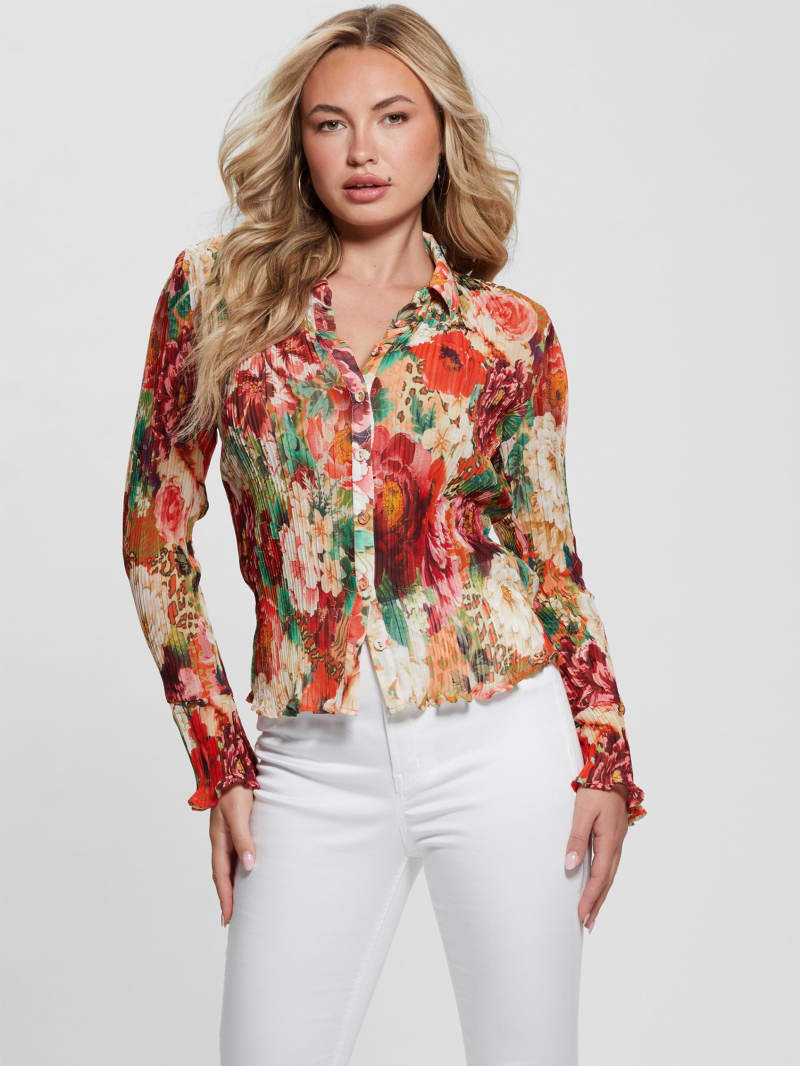 Guess Eco Vivenne Plisse Button-Up Top - Peony Animal Print