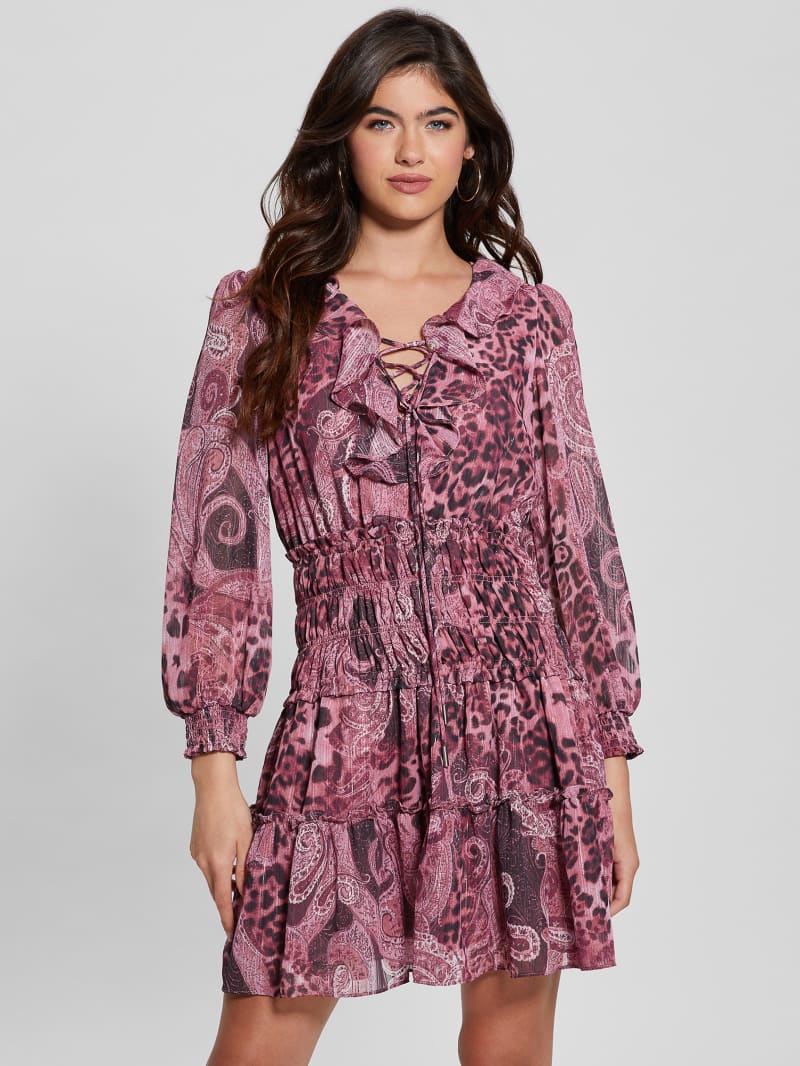 Guess Eco Lucy Lace-Up Flared Dress - Purple Kashmir Print