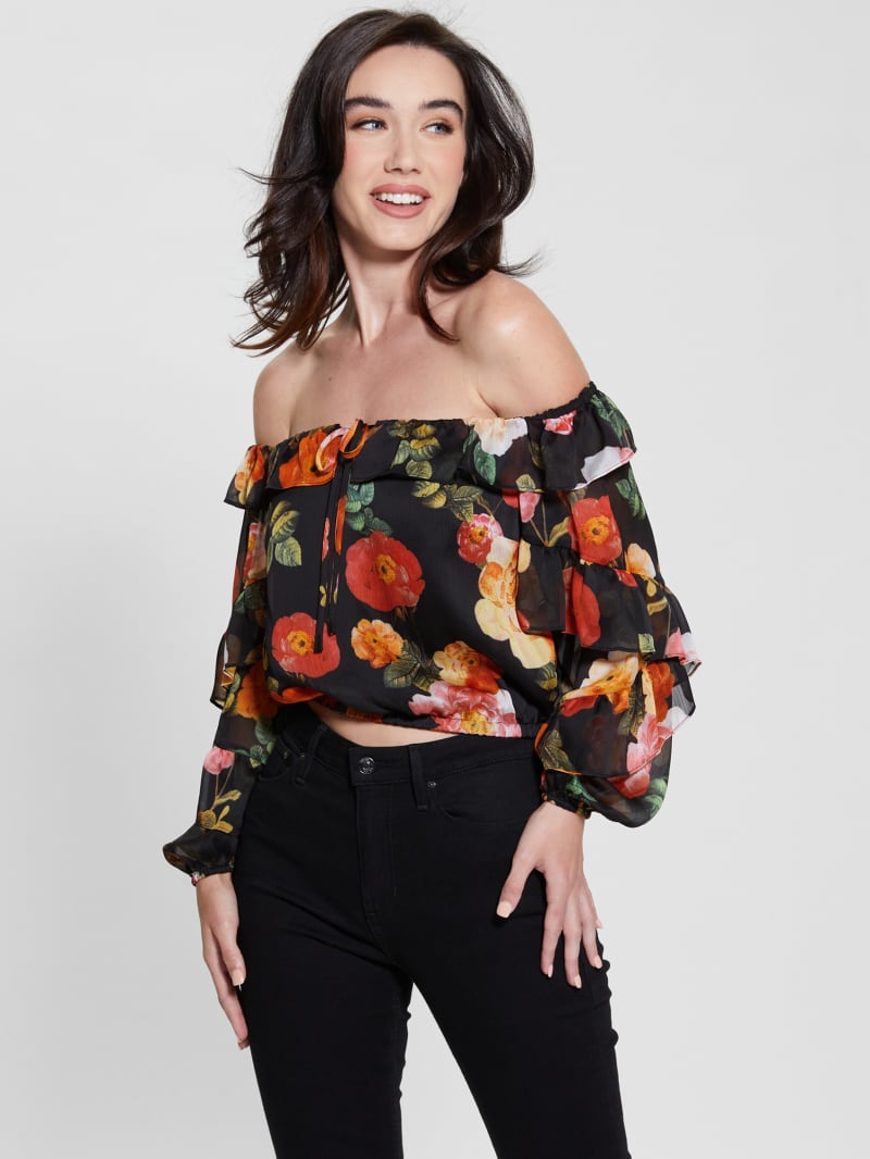 Guess Eco Shani Off-the-Shoulder Top - Peony Charm Print Black