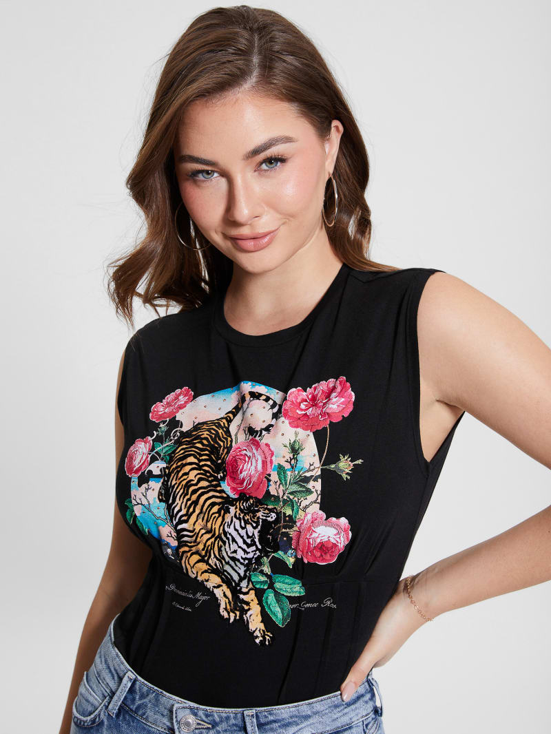 Guess Tiger Roses Corset Tee - Black