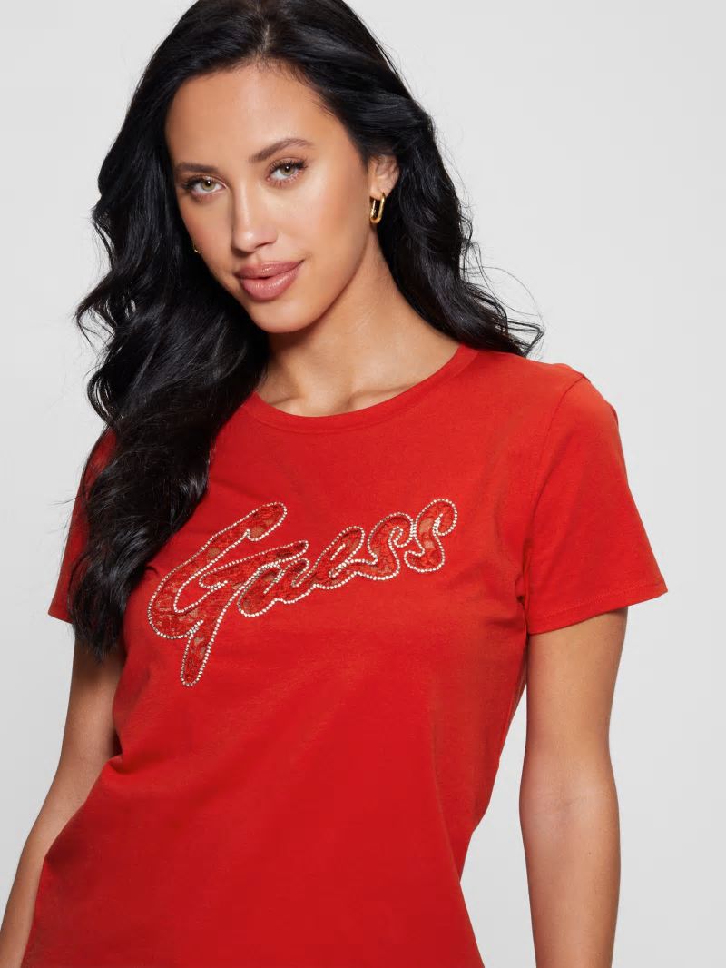 Guess Embellished Logo Tee - Delicious Red