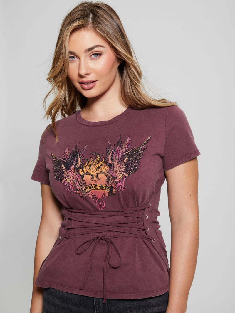 Guess Heart Aflame Graphic Lace-Up Tee - Mystic Wine Multi