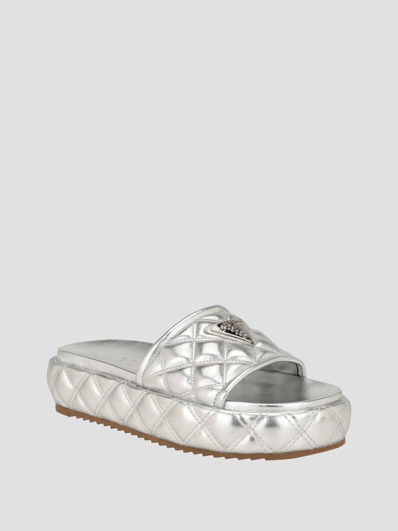 Guess Longo Quilted Flatform Slides - Silver 040