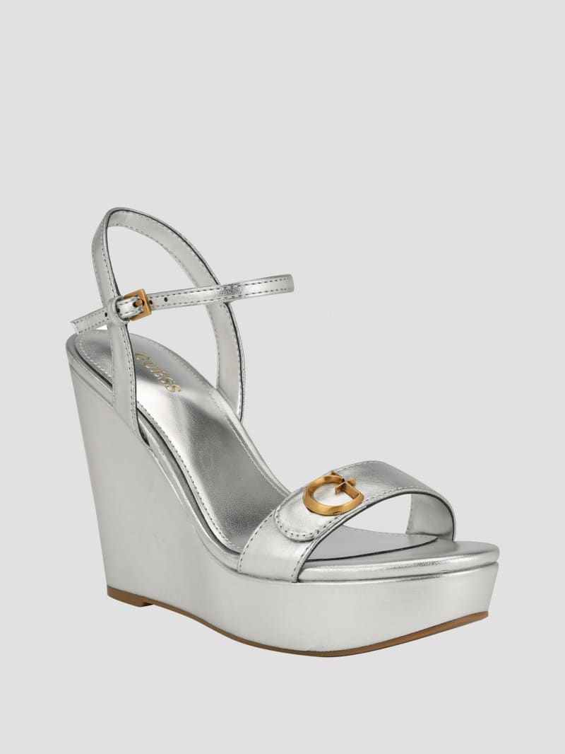 Guess Himifa Shimmer Metallic G Wedge Sandals - Silver 040