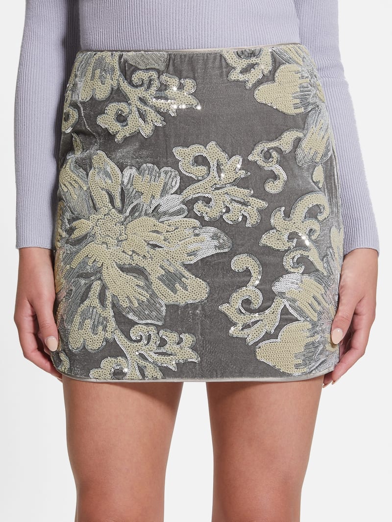 Guess Ernesta Embellished Velvet Skirt - Flower Sequins Embro Silv